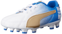 PUMA Mb 9 Firm Ground JR Soccer Shoe (Infant/Toddler/Little Kid/Big Kid) , White/Team Gold/Team Power Blue, 2 M US Little Kid